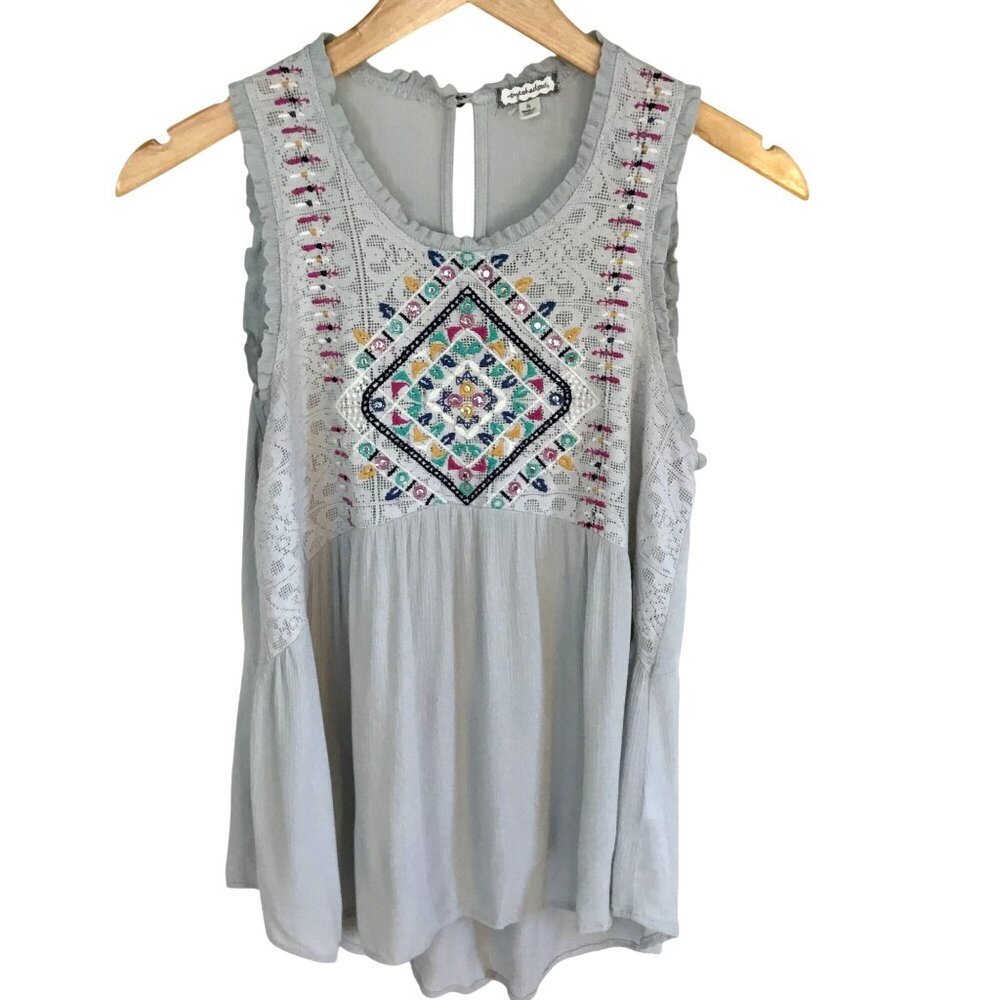 EYESHADOW Women Gray Embroidered Boho Lace Crinkle Festival Top Tribal Indie S
